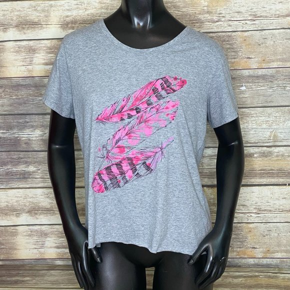 Sonoma Tops - Sonoma Feather Print Gray & Pink Tee Women's Size Large Short Sleeve Raw Hem